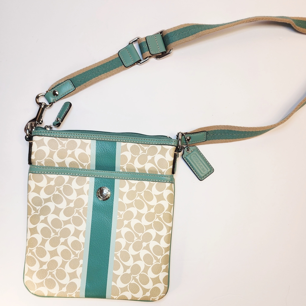 Coach Monogram Coated Canvas Teal Heritage Stripe Swingpack Crossbody NWOT